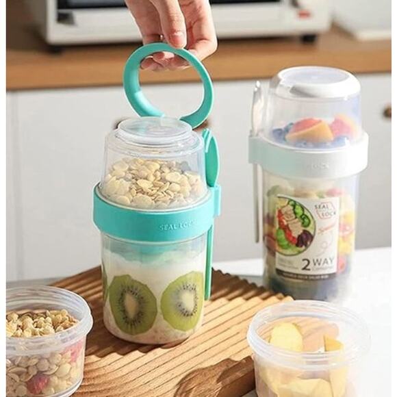 NWT Overnight Oats 2-Tier Container w/ Lid, Spoon Portable Yogurt Container - Picture 2 of 7